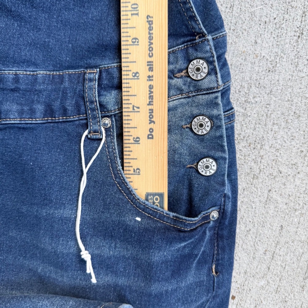 Gemma Rae Denim Short Overalls Medium Distressed Stretch Bib Romper Blue - Picture 9 of 11